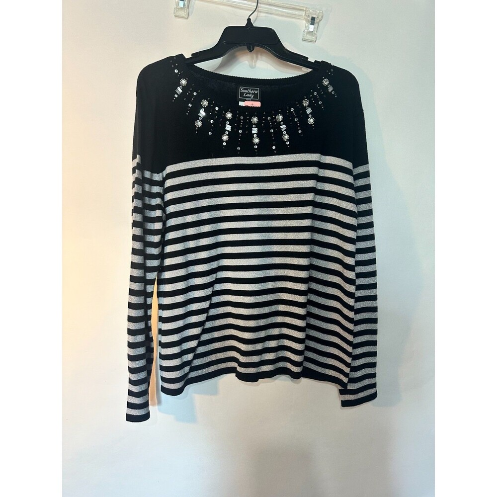Southern Lady Long Sleeve Pullover Sweater Petite Lg Black Silver Sequins